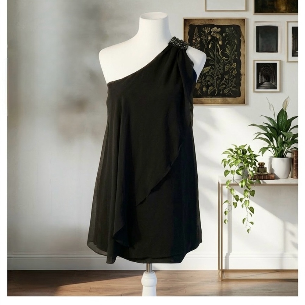 Miss Me Couture | Y2K Beaded Shoulder Chiffon Black One-Shoulder Cocktail Dress